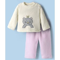 Babyhug Velour Knit Full Sleeves Night Suit With Animal Embriodery - White & Pink