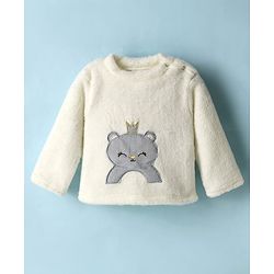 Babyhug Velour Knit Full Sleeves Night Suit With Animal Embriodery - White & Pink