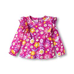 Babyhug 100% Cotton Knit Full Sleeves Top with Floral Print & Frill Detailing - Pink