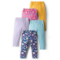 Babyhug  Cotton Lycra Knit Full Length Leggings With Stretch & Floral Print Pack Of 5 - Multicolour