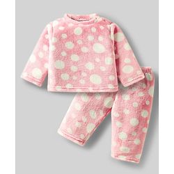 Babyhug Velour Knit Full Sleeves Co-ords Winter Night Suit With Polka Dot Print - Pink