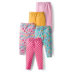 Babyhug Cotton Lycra knit Full Length  Leggings With Stretch Polka Dots & Floral Print Pack of 5 - Pink Yellow & Light Blue