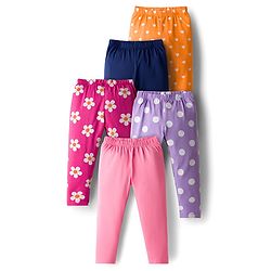 Babyhug Cotton Knit Full Length Leggings With Stretch & Floral Print Pack Of 5 - Multicolour