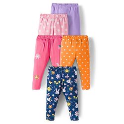 Babyhug Cotton Lycra Full Length Leggings With Stretch Polka Dots & Floral Print Pack of 5 - Navy Blue Pink & Orange