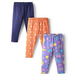 Babyhug Cotton Lycra Knit Full Length Leggings With Stretch Floral & Rainbow Print Pack of 3 - Navy Blue Orange & Purple