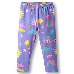 Babyhug Cotton Lycra Knit Full Length Leggings With Stretch Floral & Rainbow Print Pack of 3 - Navy Blue Orange & Purple