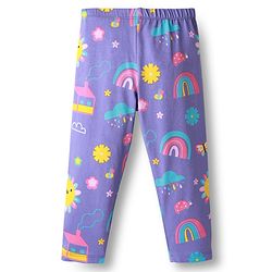 Babyhug Cotton Lycra Knit Full Length Leggings With Stretch Floral & Rainbow Print Pack of 3 - Navy Blue Orange & Purple