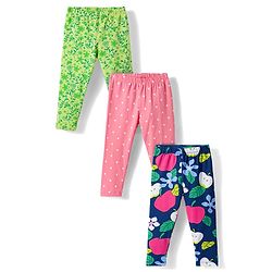 Babyhug Cotton Lycra Knit Full Length Leggings with Polka Dots Floral & Fruits Print Pack of 3 - Green Pink & Navy Blue