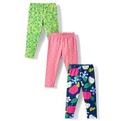 Babyhug Cotton Lycra Knit Full Length Leggings with Polka Dots Floral & Fruits Print Pack of 3 - Green Pink & Navy Blue