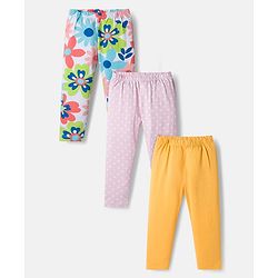 Babyhug Cotton Lycra Knit Full Length Leggings with Stretch Polka Dots & Floral Print Pack of 3 - Pink & Light Orange