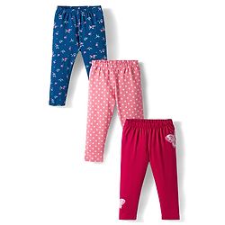 Babyhug  Cotton Knit Full Length Leggings With Stretch & Floral Print Pack Of 3 - Blue Pink & Red