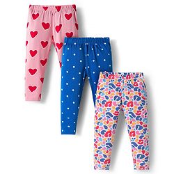 Babyhug Cotton Knit Full Length Leggings With Heart Print Pack Of 3 - Navy Blue Pink & White
