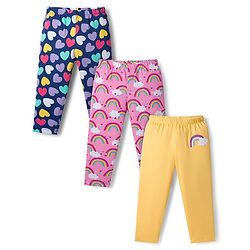 Babyhug Cotton Lycra Knit Full Length Leggings with Stretch with Heart & Rainbow Print Pack of 3 - Light Orange Pink & Navy Blue