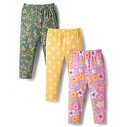 Babyhug Cotton Knit Full Length Leggings With Floral & Polka Dot Print Pack Of 3 - Pink Yellow & Green
