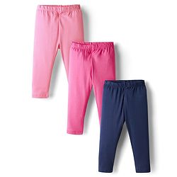 Babyhug Cotton Lycra Knit Full Length Solid Color Leggings With Stretch Pack of 3 - Pink & Navy Blue