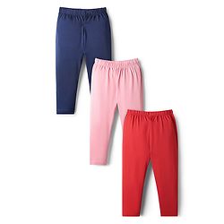 Babyhug Cotton Knit Full Length Solid Leggings With Stretch Pack Of 3 - Red Navy Blue & Pink