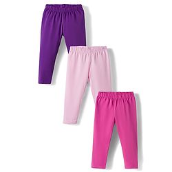 Babyhug Cotton Knit Full Length Solid Colour Leggings Pack Of 3 - Purple Pink & Fuchsia