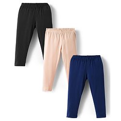 Babyhug Cotton Lycra Knit Full Length Solid Color Leggings With Stretch Pack of 3 - Beige & Navy Blue