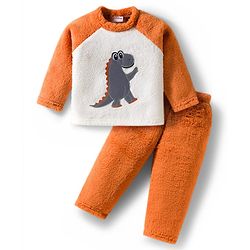 Babyhug Velour Knit Full Raglan Sleeves Winter Wear Night Suit With Dino Print - Orange