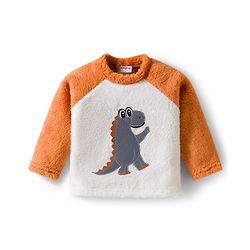 Babyhug Velour Knit Full Raglan Sleeves Winter Wear Night Suit With Dino Print - Orange