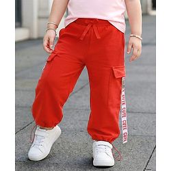 Babyhug Terry Knit Full Length Track Pants with Cute Text Print - Red