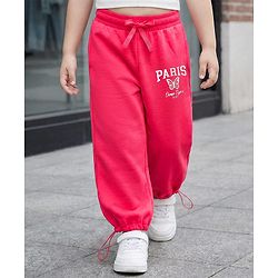 Babyhug French Terry Knit Full Length Lounge Pant with Paris Print - Dark Pink