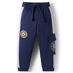 Babyhug French Terry Knit Full Length Lounge Pant with Badge & Pocket - Navy Blue
