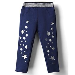 Babyhug Cotton Lycra Knit Full Length Jeggings With Foil Star Print & Stretch - Navy Blue
