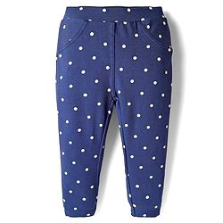 Babyhug Cotton Lycra Knit Full Length Jeggings With Polka Dot Print - Navy Blue