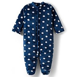 Babyhug Velour Knit Full Sleeves Footed Velour Winter Sleep Suit with Polka Dot Print - Navy Blue