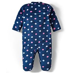Babyhug Velour Knit Full Sleeves Footed Velour Winter Sleep Suit with Polka Dot Print - Navy Blue