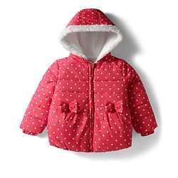 Babyhug Woven Full Sleeves Hooded Padded Jacket With Polka Dot Print & Bow Applique - Red