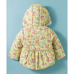 Babyhug Woven Full Sleeves Padded Hooded Jacket with Floral Print Bow Applique & Fur Design - Yellow