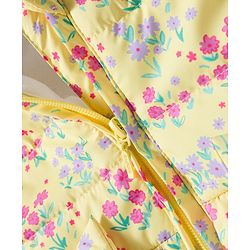 Babyhug Woven Full Sleeves Padded Hooded Jacket with Floral Print Bow Applique & Fur Design - Yellow