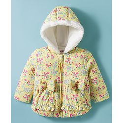 Babyhug Woven Full Sleeves Padded Hooded Jacket with Floral Print Bow Applique & Fur Design - Yellow