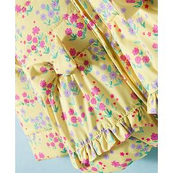 Babyhug Woven Full Sleeves Padded Hooded Jacket with Floral Print Bow Applique & Fur Design - Yellow