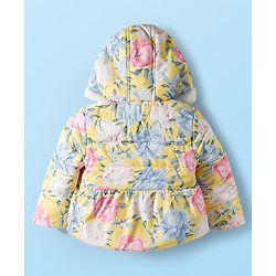 Babyhug Woven Full Sleeves Hoodie with Floral Print & Bow Applique - Pink & Yellow