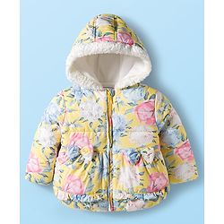 Babyhug Woven Full Sleeves Hoodie with Floral Print & Bow Applique - Pink & Yellow