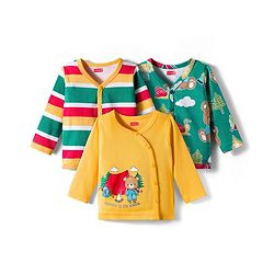 Babyhug 100% Cotton Interlock Knit Full Sleeves Jhablas With Animal Print Pack Of 3 - Yellow & Green