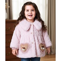 Babyhug Fur Woven Full Sleeves Winter Jacket With Heart & Floral Applique - Pink