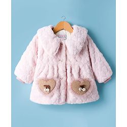 Babyhug Fur Woven Full Sleeves Winter Jacket With Heart & Floral Applique - Pink