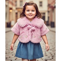 Babyhug Fur Woven Full Sleeves Jacket with Pearl Floral Applique - Pink