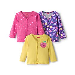 Babyhug 100% Cotton Interlock Knit Full Sleeves Jhablas With Polka Dot & Floral Print Pack Of 3 - Pink Purple & Yellow
