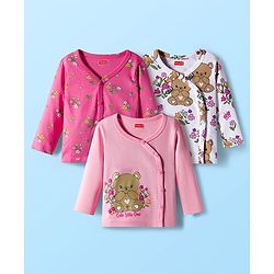 Babyhug 100% Cotton Interlock Knit Full Sleeves Jhablas With Floral & Animal Print Pack Of 3 - Pink & White