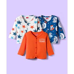 Babyhug 100% Cotton Interlock Knit Full Sleeves Jhablas With Star & Animal Print Pack Of 3 - White Orange & Navy Blue