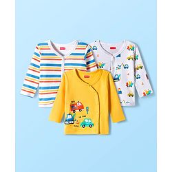 Babyhug 100% Cotton Interlock Knit Full Sleeves Jhablas With Stripes & Vehicle Print Pack Of 3 - Yellow & White