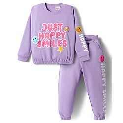 Babyhug Terry Knit Premium Light Gauge Terry Full Sleeves Top & Joggers Set with Just Happy Smiles Text Print - Lavender