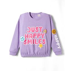Babyhug Terry Knit Premium Light Gauge Terry Full Sleeves Top & Joggers Set with Just Happy Smiles Text Print - Lavender