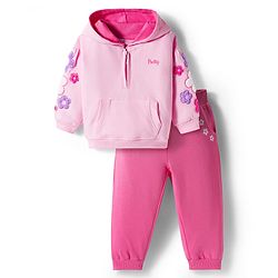 Babyhug Terry Knit Premium Light Gauge Terry Full Sleeves Hooded Top & Lounge Pant Set With Floral Embriodery - Pink