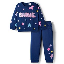 Babyhug Terry Knit Premium Light Gauge Terry Full Sleeves T-Shirt & Lounge Pant Set with Star Print & Reversible Sequin Detailing - Navy Blue